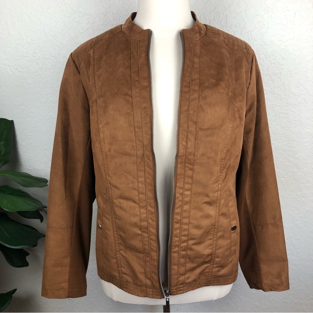 New Directions Plus Zip Front Faux Suede & Rib Knit Lined Brown Jacket-Sz-1X